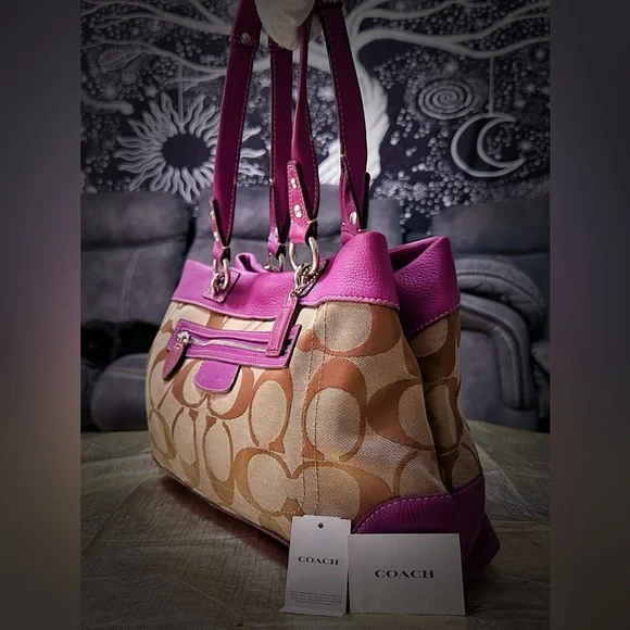 Vintage Coach purple Pink leather and Tan Signature Tote Bag shoulder bag 2009 - Picture 9 of 17